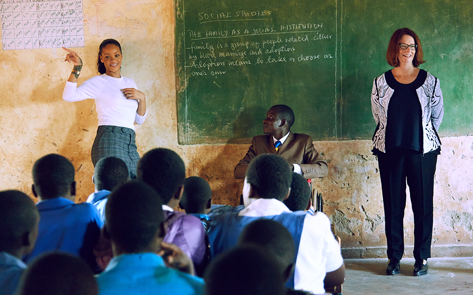 Rihanna and Julia Gillard, former Prime Minister of Australia and Board Chair of the Global Partnership for Education at Muzu Primary School in Malawi